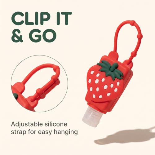 Czhotg 2-Pack Refillable Travel Hand Sanitizer Bottles with Strawberry Silicone Sleeves, Leakproof Flip Cap Keychain Holders