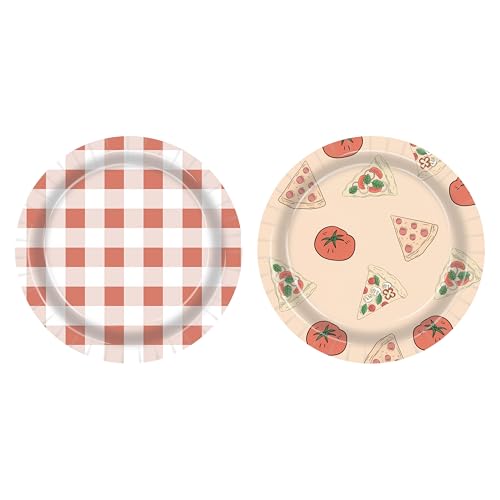 48-Count Pizza Themed Paper Plates - 9 Inch Red Gingham & Tomato Design