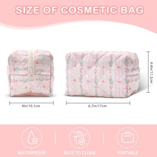 Quilted Floral Makeup Bag - Pink Cotton Cosmetic Pouch for Women