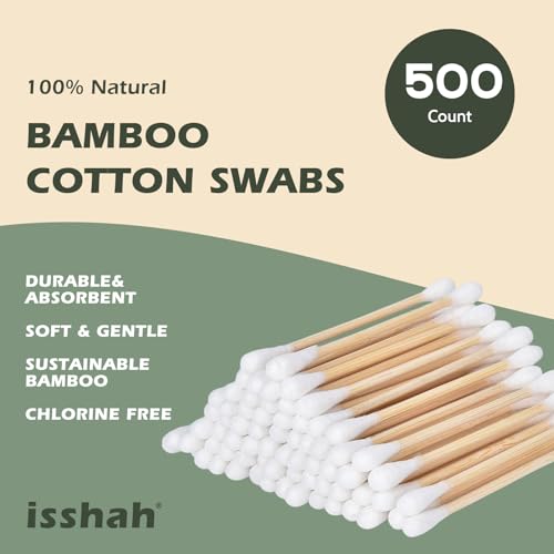 Isshah Double Tips Bamboo Cotton Swabs - 500 Count - FSC Certified | PETA approved bamboo cotton swabs. Plastic free, eco friendly, 100% biodegradable organic cotton. Double tipped design.