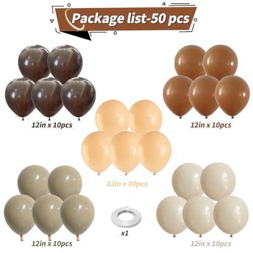 12 Inch Brown and White Balloon Set - 50 Pcs Boho Latex Balloons for Parties
