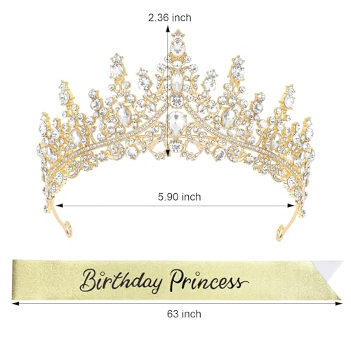 Gold Princess Crown and Glitter Sash for Birthday Party Decorations - Women & Kids