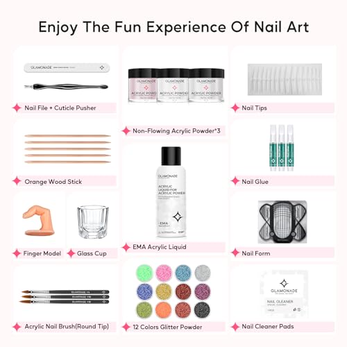 Glamonade Professional Acrylic Nail Starter Kit with Tools & Glitter