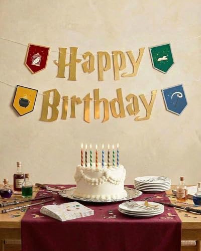 Wizard Themed Happy Birthday Banner with Gold Foil | 6.5ft