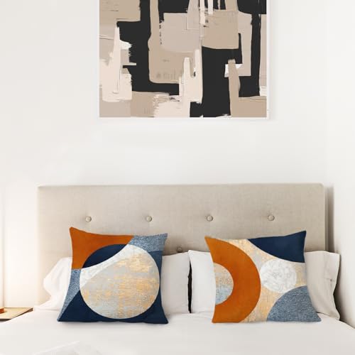 Set of 2 Navy Blue and Orange Decorative Pillow Covers - 18x18