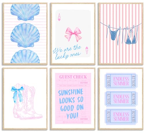Coastal Cowgirl Wall Art Set - 6 Unframed Blue & Pink Prints