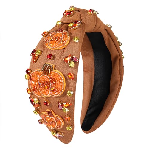 Pumpkin Beaded Thanksgiving Headband - Jeweled Knotted Fall Hair Accessory
