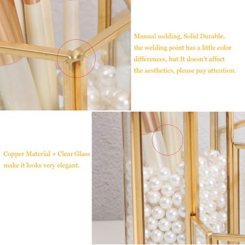 3 Slot Hexagon Gold Glass Makeup Brush Holder Organizer for Desk, Women Girls