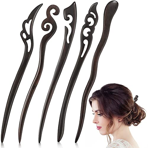Willbond 5 Pcs Carved Wooden Hair Sticks - Handmade Ebony & Sandalwood Hair Accessories