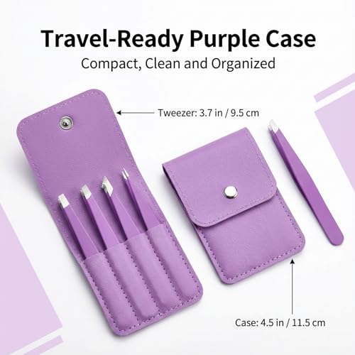 Purple Stainless Steel Tweezers Set with Travel Case - Precision Eyebrow & Facial Hair Removal