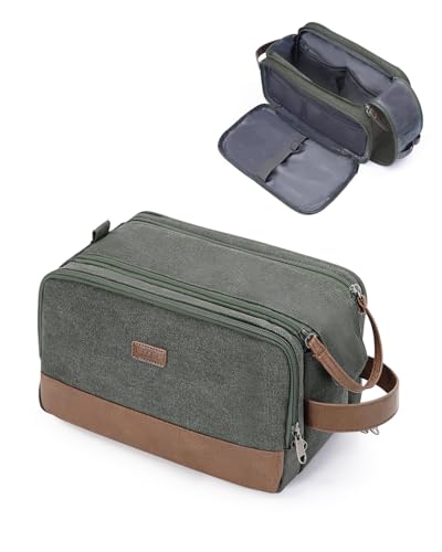 WANDF Medium Travel Toiletry Bag for Men - Green Canvas Dopp Kit with Wet Pocket