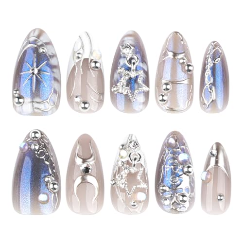 HPYFOI Medium Almond Press On Nails Y2K Silver Chrome Star Charms, Style-11