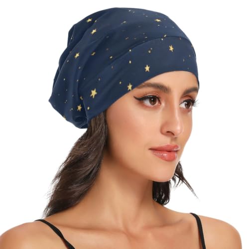 ElliTarr Satin Bonnet Sleep Cap - Dark Blue Stars, One Size Hair Wrap
