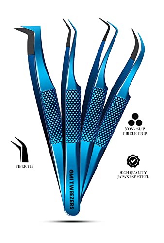 GMI Lash Tweezers Set - 4 Stainless Steel Blue Plasma Eyelash Tools