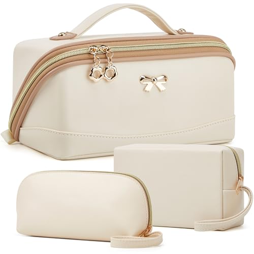 3-Piece Travel Makeup Bag Set - Waterproof PU Leather Cosmetic Organizer