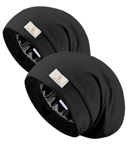SECZIPE Medium-Large Black Satin Sleep Bonnet 2pcs for Curly & Natural Hair