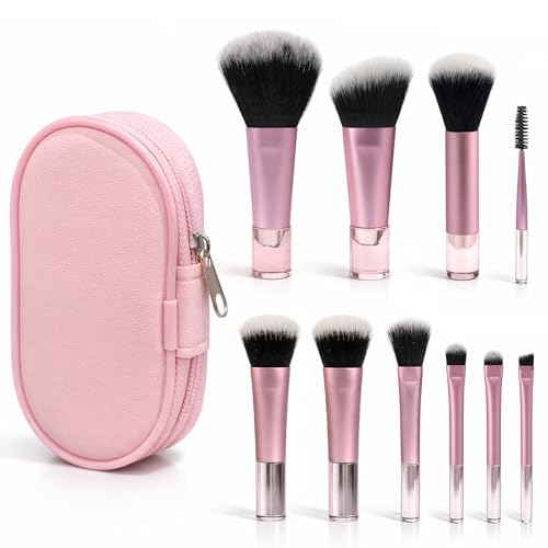 10-Piece Mini Pink Travel Makeup Brush Set with Pouch