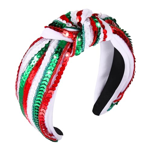 Christmas Sequin Headband for Women - Red, Green, White Holiday Top Knot Accessory