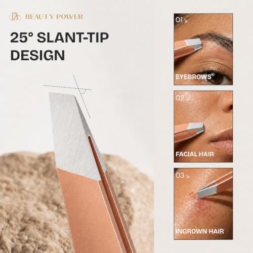 Rose Gold Precision Slant Tip Tweezers - Stainless Steel for Brow Shaping