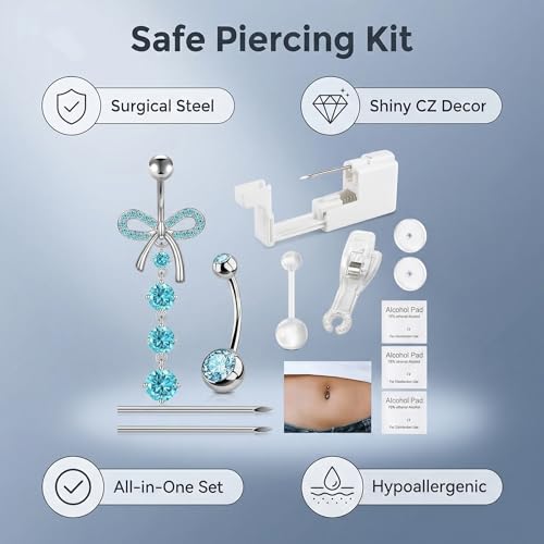 DJCIW 12PCS Belly Button Piercing Kit with Silvery Blue CZ Butterfly - 10mm 12mm 14mm