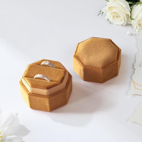 Octagonal Velvet Ring Box with 2 Slots - Bronze Travel Jewelry Case