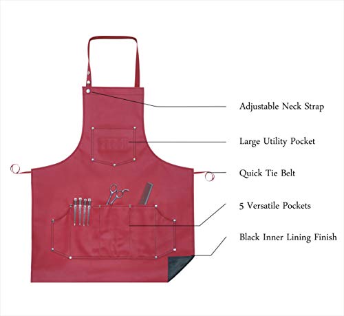 Facón Professional Leather Barber Apron with 6 Pockets - Red, 28" x 24"