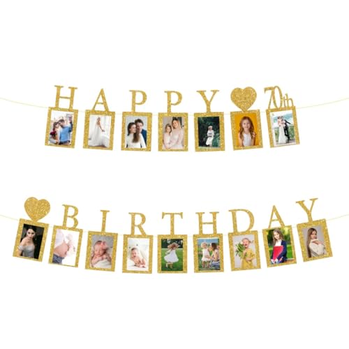 Happy 70th Birthday Photo Banner with 16 Frames - Gold Glitter Party Decor