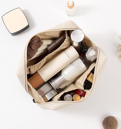 Aveniee Small Travel Makeup Bag Beige Vegan Leather Organizer for Women