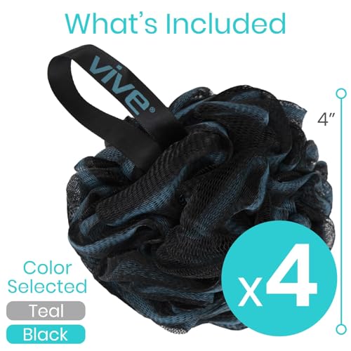 Vive Loofah Sponge Replacement Pack (Black & Blue, 4 Pack) - Exfoliating Shower Pouf for Body and Back