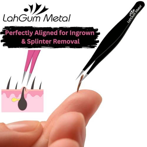 LahGum Metal Precision Needle Nose Tweezers 2-Piece Black & Pink for Ingrown Hair Removal
