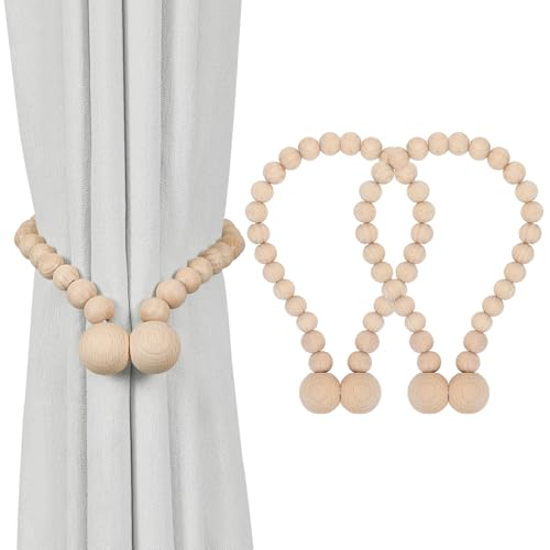 KLOGTSIND Magnetic Curtain Tiebacks - 2 Pack Wood Bead Holdbacks