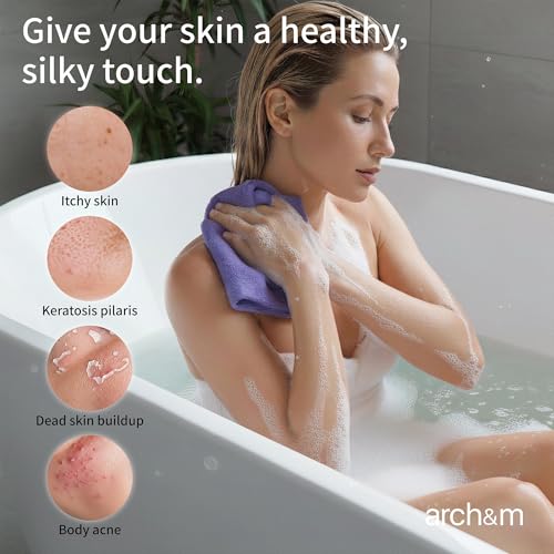 ARCH&M 3-Pack Japanese Exfoliating Shower Towels - Long Body Scrubbers in Red, Yellow, Blue