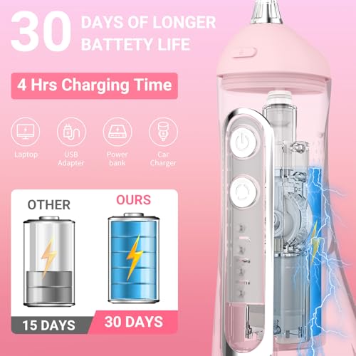 JNGOODS Cordless Water Flosser Oral Irrigator 300ml Pink, Rechargeable, 4 Modes Waterproof
