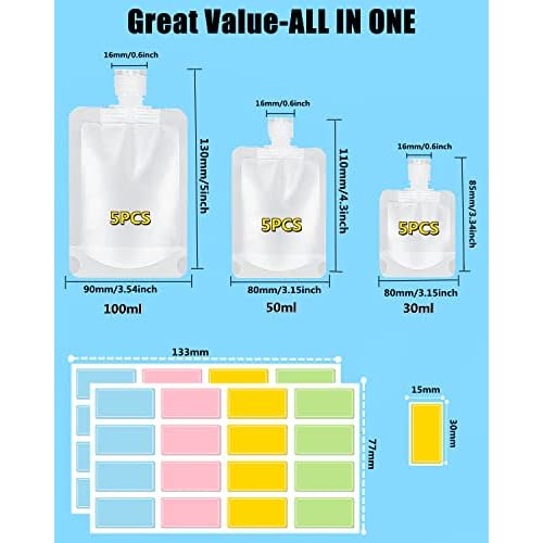 SEQUHITKU 17 Pack Travel Pouches for Toiletries,TSA Approved,Travel Size Portable Containers,Stand Up Pouch,Refillable Travel Accessories for Shampoo Conditioner Lotion Soap Liquids (B-17pcs)