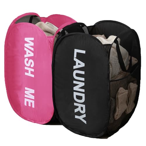 2-Pack Collapsible Laundry Baskets with Side Pocket - Black & Pink