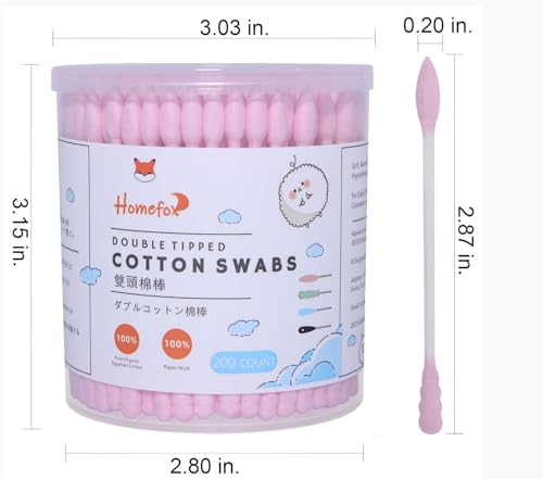 HOMEFOX Pink Organic Cotton Swabs - 200 Count Spiral Tips