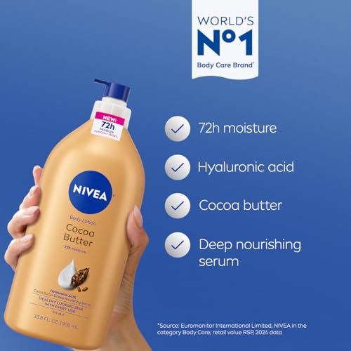 NIVEA Cocoa Butter Body Lotion for Dry Skin, 33.8 Oz - 72 Hour Moisture