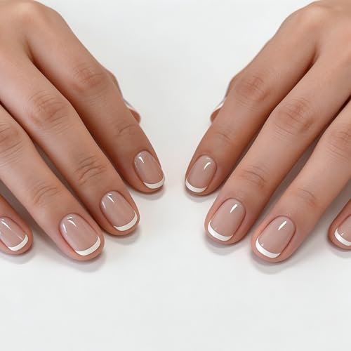 Short Almond Press on Nails - Nude White French Tip Acrylic Gel Nails