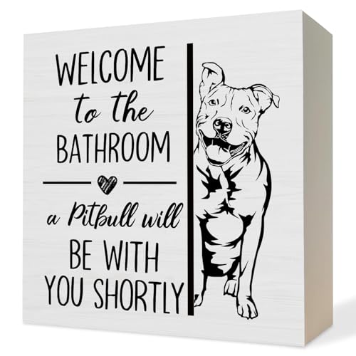 Funny Pit Bull Terrier Wooden Box Sign - 5x5 Inch Bathroom Decor