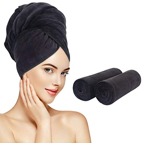 SUNLAND Microfiber Hair Towel 2-Pack, 20x40 Inch Black