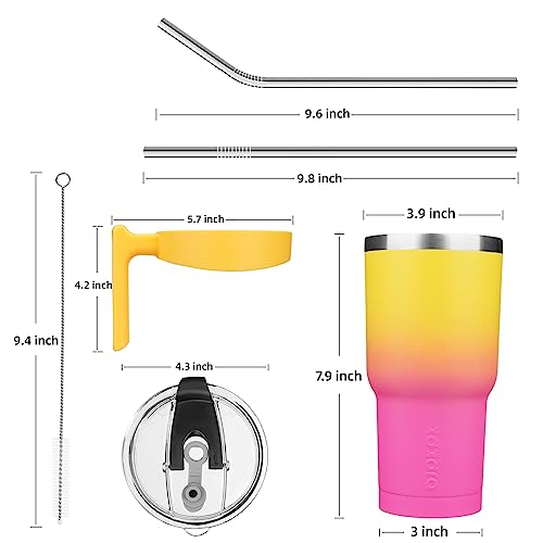 BJPKPK 30 oz Insulated Tumbler with Handle & Straw - Pink Yellow Rose