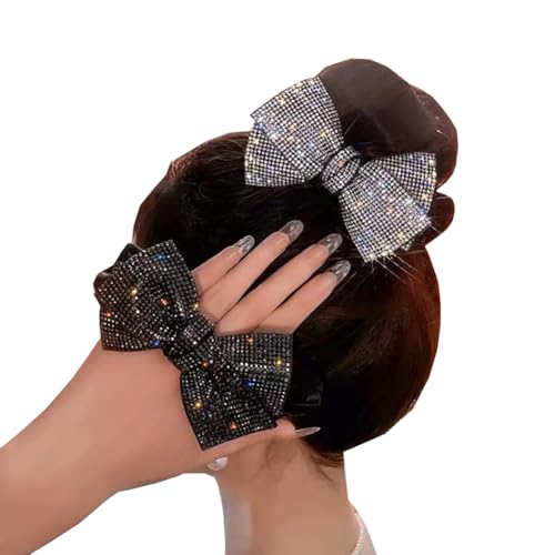 CJKDXDH 2 Pack Large Rhinestone Bow Scrunchies for Women Girls Black Shiny Crystal Hair Ties
