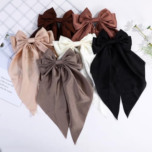 Brown Satin Hair Bows for Women & Girls - Oversized Ribbon Clips 6pcs