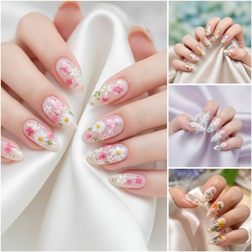 5D Embossed Dried Flower Nail Stickers - Daisy & Cherry Blossom Designs