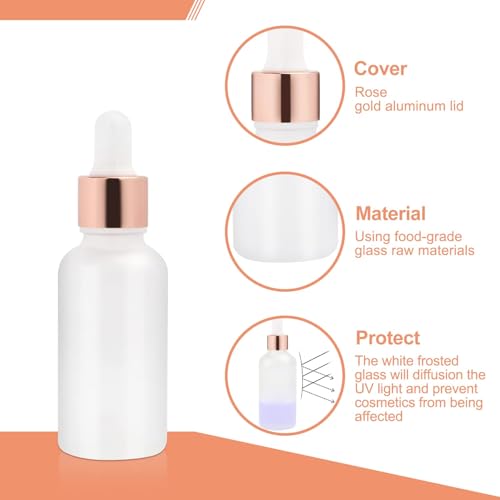 Furnido 1 Oz (6 Pack) Frosted Glass Essential Oil Dropper Bottles with Rose Gold Caps