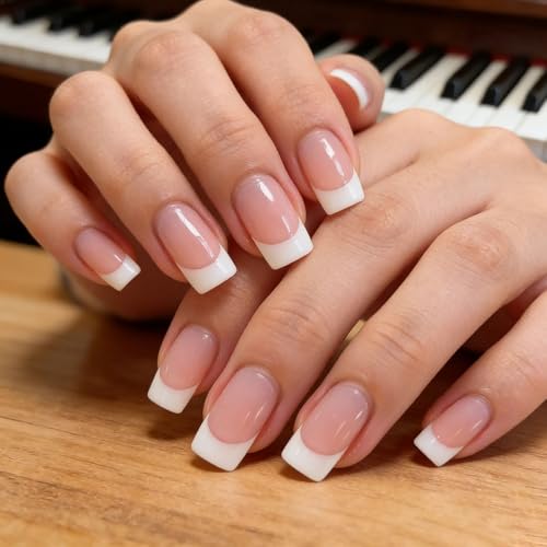 24PCS White French Tip Press-On Nails - Short Square Reusable Acrylic