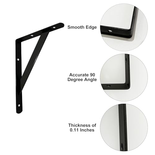 Heavy Duty Shelf Brackets 6x4 Inch - Black Powder-Coated Steel (4 Pack)