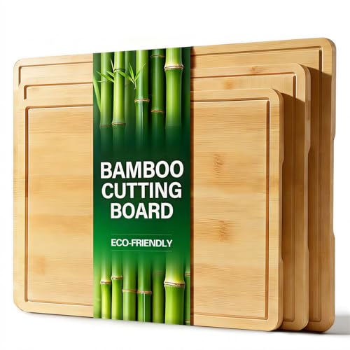 Zarler Bamboo Cutting Board Set - 3 Durable Boards with Juice Grooves & Handles, Ideal for Meal Prep