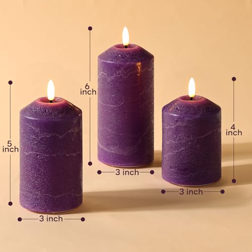 Purple Flameless Pillar Candles with Remote Control - Set of 3