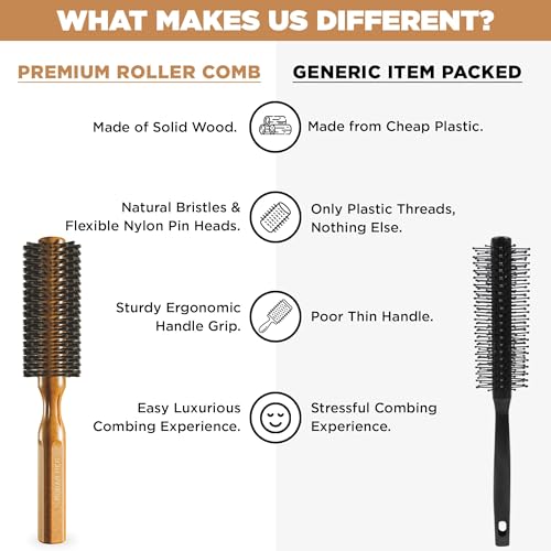 RUBAB MEN Round Hair Brush with Natural Bristle & Wooden Handle